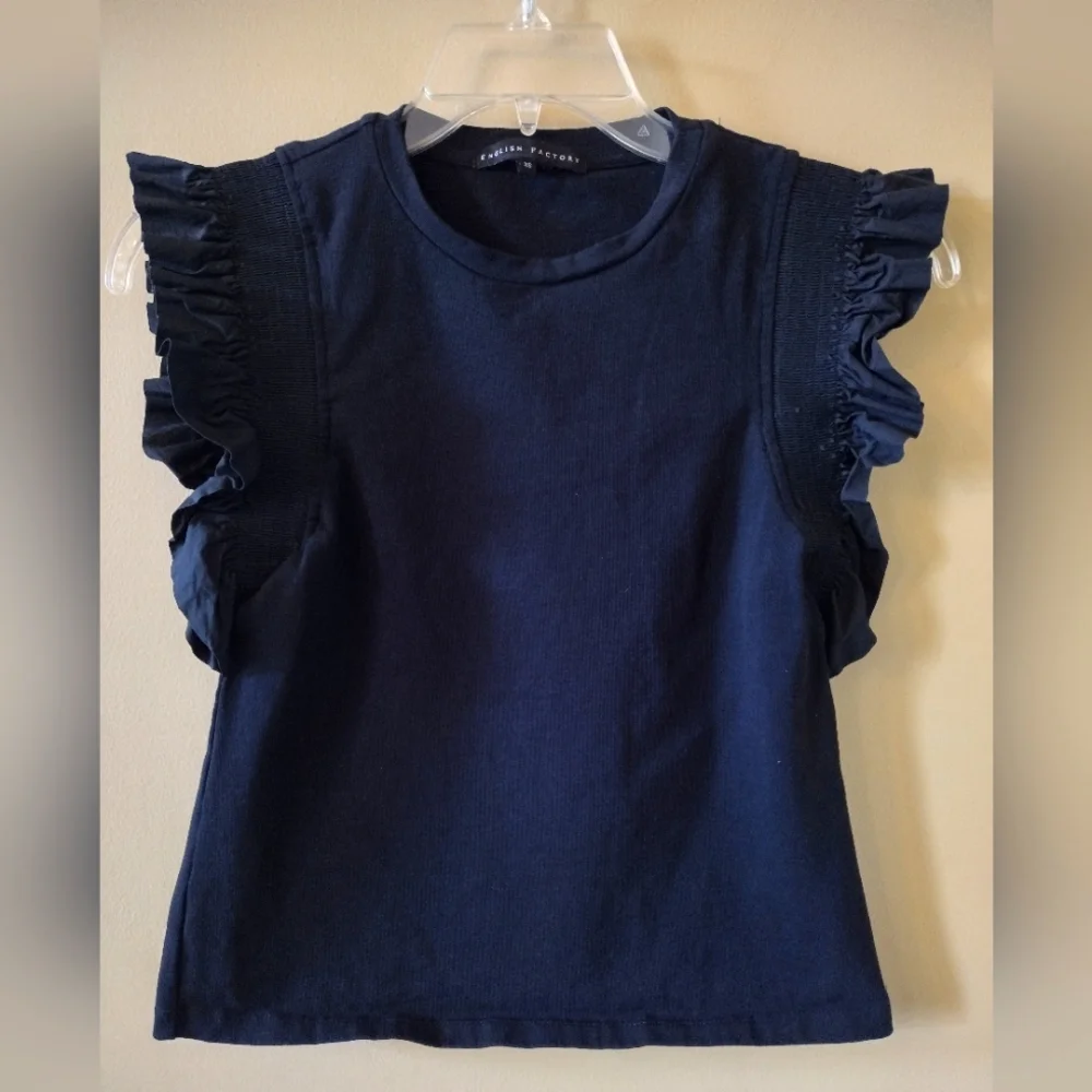 English Factory Mix Media Black Ruffle Sleeve T-Shirt Size XSmall - Picture 3 of 6